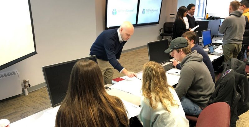 Jarrod Edens (Edens Land) meets with his CEE 4274 student design team during the spring ’19 mentor visit to campus